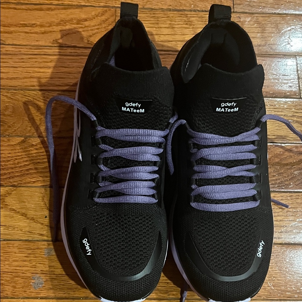 Women Black Knit Sneakers with Purple Laces - Casual Athletic Shoe